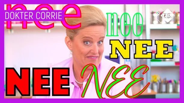 Foto van het hoofd van vrouw, dokter Corrie, met eromheen aantal keren het woord "nee".