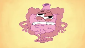 Karikatuurachtige tekening van de darmen van een mens met een gezichtje, beentjes en armpjes die staat.