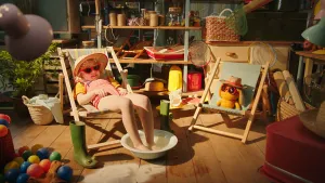 Foto van speelkamer waarin meisje in strandstoel zit, in andere strandstoel zit Dropje (pop), beiden met zonnehoed op .
