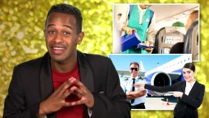 Foto van presentator met achter hem twee foto's in beeld van interieur van vliegtuig en één met twee personen bij een vliegtuig buiten.