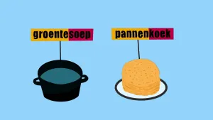 Schematische tekening van een pan met soep, erboven bordje met de tekst "groentesoep", ernaast bordje met stapel pannenkoeken erop, erboven bordje met "pannenkoek".