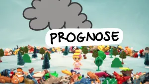 Foto van speelgoedboompjes en een poppetje, meisje, met erboven een getekende grijze wolk (rook) en het woord "prognose".
