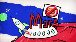Tekening van een rode planeet, Mars, met erop een UFO en er vliegt een raket vandaan, verder bordje met een hamburger erop met rode streep erdoor.