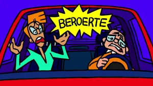 Tekening, cartoonachtig, van een auto waarin chauffeur en ernaast vrouw die beroerte krijgt met tekst "beroerte" erbij.