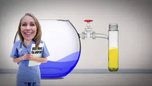 Cartoonachtige foto van verpleegster met erg groot hoofd die staat voor tekening van een glazen kom met blauwe vloeistof, verbindingsbuisje met kraan, daaraan glazen buisje met gele vloeistof erin.