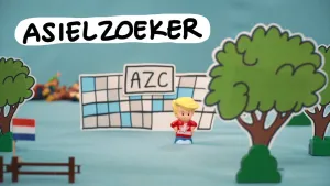Tekening van een mannetje dat voor een gebouw staat met de letters AZC erop, eromheen wat bomen.