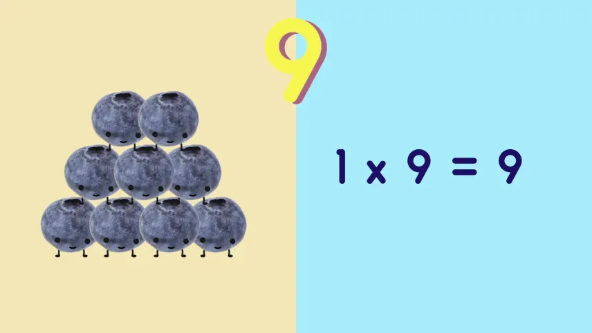 Foto van tweedelige tekening met links negen blauwe bessen met gezichtjes bij elkaar, rechts "1 x 9 = 9" met erboven het cijfer negen.