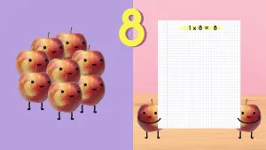 Tweedelige tekening met links acht appels met gezichtjes erin, rechts twee appels die rekenblad vasthouden met erop "1 x 8 = 8", erboven het cijfer acht.