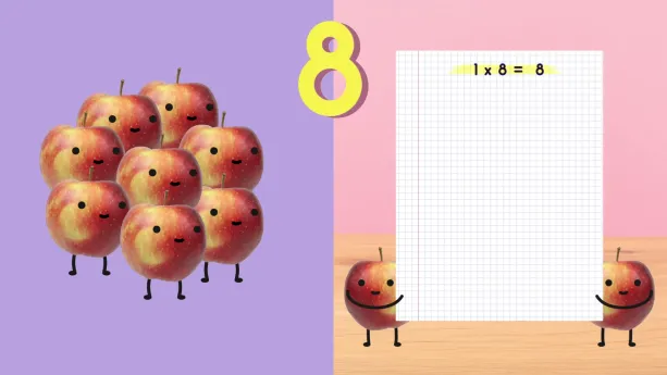 Tweedelige tekening met links acht appels met gezichtjes erin, rechts twee appels die rekenblad vasthouden met erop "1 x 8 = 8", erboven het cijfer acht.