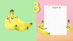 Tweedelige tekening met links drie bananen met gezichtjes, rechts een vel papier met drie bananen erbij, erop "1 x 3 = 3", erboven het cijfer drie.