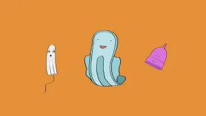 Cartoonachtige tekening waarop je een tampon, een maandverband en nog een soortgelijk object ziet met in elk een gezichtje getekend.