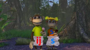 Foto van twee aapachtige figuurtjes in het bos met allebei een ijsje in de hand, hij houdt de letter IJ vast, zij de letter S.