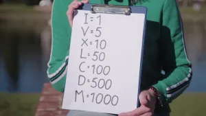 Foto van iemand die vel met alle soorten Romeinse cijfers vasthoudt met de waarden erbij van de normale cijfers.