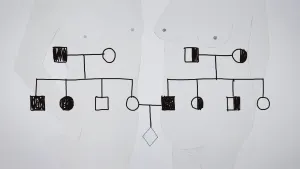 Tekening van een schema van DNA, met lijntjes, bolletjes, ruitjes en vierkantjes.