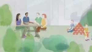 Tekening van vier personen aan een picknicktafel in de natuur, er nabij twee kinderen die spelen.