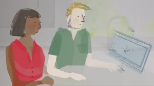 Tekening van man en vrouw die aan een bureau achter een computerscherm zitten.