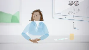 Tekening van een vrouw met bril op die aan bureau zit, op achtergrond op beeldscherm schematische tekening van stukje DNA.