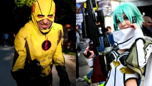 Foto van twee personen verkleed als een personage, de ene in een geel pak, de ander zwart met wit, met geweer in haar handen.