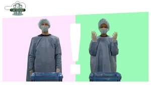 Foto van man en vrouw die staan met beschermende kleding aan, mondkapje, soort hoofddeksel, tussen hen in een groot getekend uitroepteken.