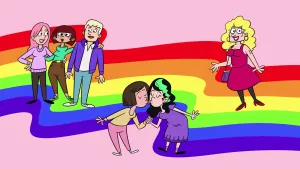 Tekening van aantal mensen, daarbij twee vrouwen die elkaar zoenen, die staan op een kronkelige regenboog.