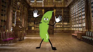 Foto van een grote oude bibliotheekzaal met boeken, op voorgrond een groene getekende boon met gezichtje, armpjes en beentjes.