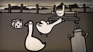 Zwart/wit tekening van drie ganzen op het erf/weiland, met erbij melkbus, bankje, dobbelsteen die op de grond ligt.