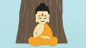 Tekening van een Boeddha die zit aan de voet van een dikke boom, je ziet alleen de stam.