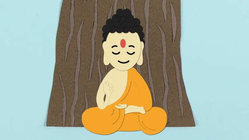 Tekening van een Boeddha die zit aan de voet van een dikke boom, je ziet alleen de stam.