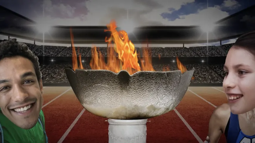 Foto van een man en vrouw, je ziet hun gezicht, op achtergrond een stadion met publiek, op de voorgrond een Olympische Fakkel.