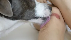 Foto van hondenkop die likt aan een wond op de arm van iemand, close-up.