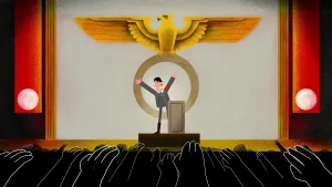 Tekening van een man op het podium bij een lessenaar, je ziet vele handen als publiek, achter die man het Nazi-symbool.