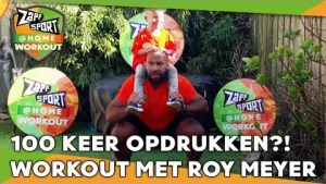 Foto van Zapp Sport met Roy Meyer die in de tuin workout doet met jongetje dat op zijn schouders zit, logo's in beeld en de tekst "100 keer opdrukken?! workout met roy meyer".