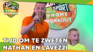 Foto van Zapp Sport met Nathan Rutjes en zijn zoon in beeld, het logo en de tekst "tijd om te zweten nathan en lavezzi".