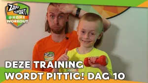 Foto van Zapp Sport met Nathan en zijn zoon in beeld, zijn zoon houdt een halter vast, logo in beeld en de tekst "deze training wordt pittig! dag 10".