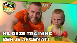 Foto van Zapp Sport met Nathan Rutjes en zijn zoon die workout doen, ook het logo in beeld en de tekst "na deze training ben je afgemat!".