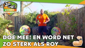 Foto van Zapp Sport met Roy Meyer die workout doet in tuin met logo's in beeld en de tekst "doe mee! en wordt net zo sterk als roy".