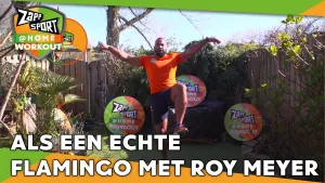 Foto van scène uit Zapp Sport met Roy Meyer in beeld, buiten in een tuin, die work-out doet, logo's in beeld en de tekst "als een echte flamingo met roy meyer".