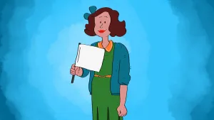 Tekening van een ouderwets geklede vrouw die een wit vlaggetje in haar hand houdt.