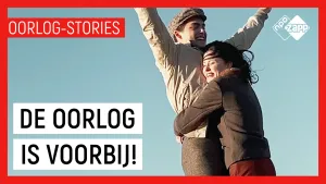 Foto van man en vrouw die elkaar omhelzen met blauwe achtergrond, erbij de tekst "oorlog-stories" en "de oorlog is voorbij!".