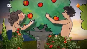Tekening van Adam en Eva bij een appelboom.