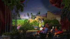 Foto van iemand die voorleest aan kinderen met op de achtergrond een decor uit een bijbelverhaal.