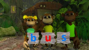 Foto van drie aapachtige figuren (poppen) die bij een oude bus staan en voor hun de letters b u s.