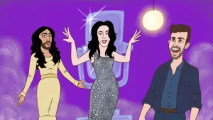 Cartoonachtige tekening van popbandje van drie personen met paarse achtergrond met een zilverkleurige microfoon.