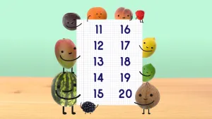 Schematische tekening van een ruitjesblad met erop 11 tot en met 20, eromheen aantal vruchten met gezichtjes erin en met voetjes.