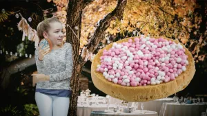 Foto van een meisje in het bos met ernaast een heel grote afbeelding van een beschuit met roze/witte muisjes.