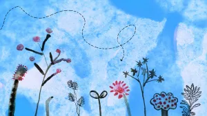 Tekening van bloemen voor een wolkenhemel waar een vogel langs vliegt.