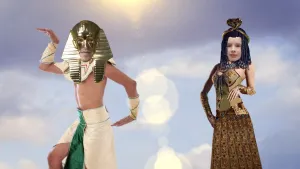 Foto van twee personen, één verkleed als de Romeinse leider Marcus Antonius, één als Cleopatra toen ze nog jong was.
