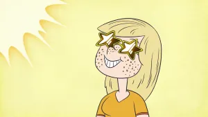 Tekening, karikatuurachtig, van meisje met sterren-bril op en veel sproeten op haar gezicht.