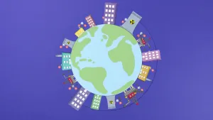 Schematische tekening van een wereldbol met daarop hoge gebouwen en fabrieken/(kern)energiecentrales.