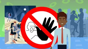 Tekening van een zwarte man bij een groot verbodsbord, op de achtergrond zitten mensen aan een bar.